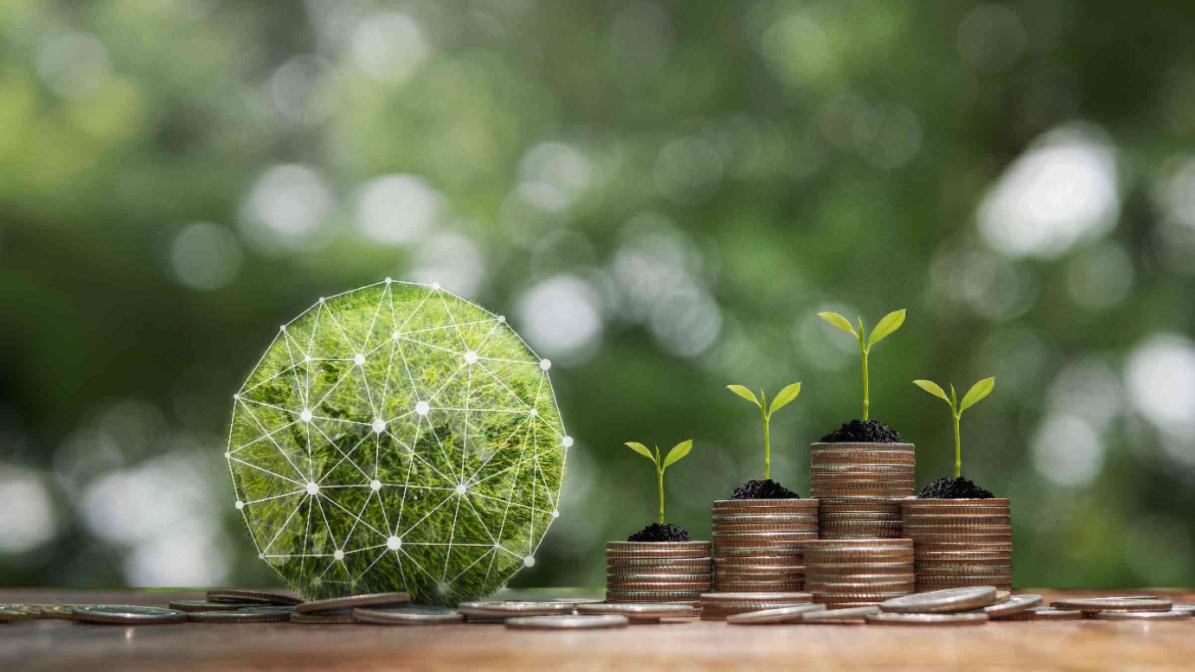 Green Globe with Network connection and stack of silver coins with seedlings growing on top